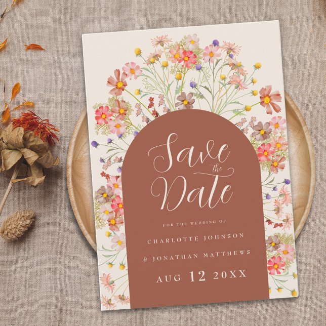 Floral Wildflower Arch Rustic Boho Fall Wedding Save The Date (Boho fall rustic wildflower floral arch wedding save the date invitation Burnt orange and beige)