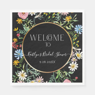 Floral Wildflower Black Boho Welcome Bridal Shower Napkins