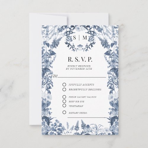Floral Wildflower Blue and White QR code Wedding RSVP Card