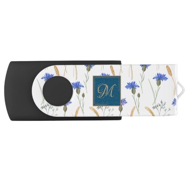 Floral Wildflower Blue Monogram Flash Drive (Front)