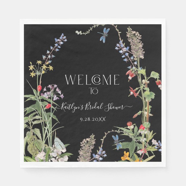 Floral Wildflower Boho Black Welcome Bridal Shower Napkins (Front)