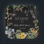 Floral Wildflower Boho Black Welcome Bridal Shower Paper Plates<br><div class="desc">Elegant Boho botanical wildflower watercolor painted floral includes: leaf foliage greenery, a dragonfly, butterfly and bee are combined with an Art Deco, Art Nouveau style font paired with a handwriting calligraphy font. This vintage collage was graphically designed by internationally licensed artist and designer, Audrey Jeanne Roberts, copyright. The vintage botanical...</div>