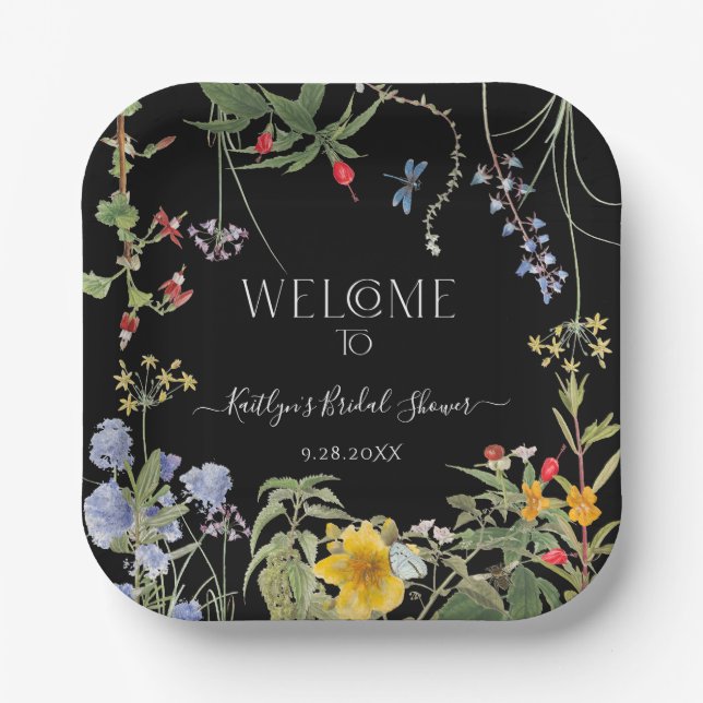 Floral Wildflower Boho Black Welcome Bridal Shower Paper Plates (Front)
