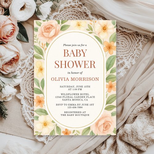 Wildflower Beige Floral or wildflower baby shower invitation