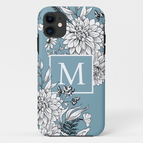 Floral Wildflower Botanical Monogram Blue White iPhone 11 Case