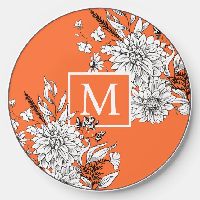 Floral Wildflower Botanical Monogram Orange White Wireless Charger (Front)