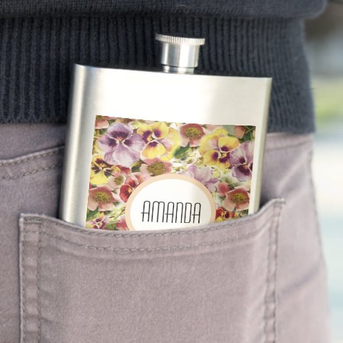 Floral wildflower country collage name hip flask
