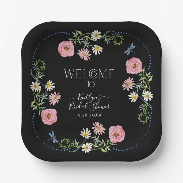 Floral Wildflower Daisy Boho Black Bridal Shower Paper Plates (Front)