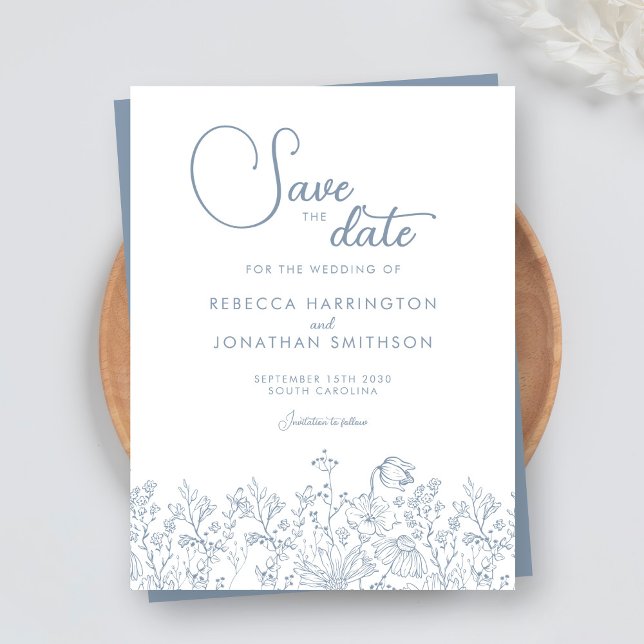 Floral Wildflower Dusty Blue Wedding Save The Date (Creator Uploaded)