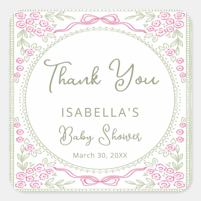 Floral Wildflower Girl Baby Shower Thank You Square Sticker (Front)