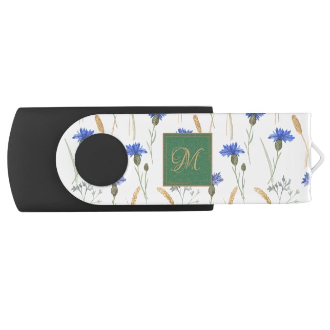 Floral Wildflower Green Monogram Flash Drive (Front)