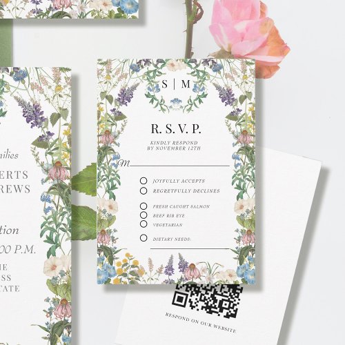 Floral Wildflower Meadow Spring QR code Wedding RSVP Card