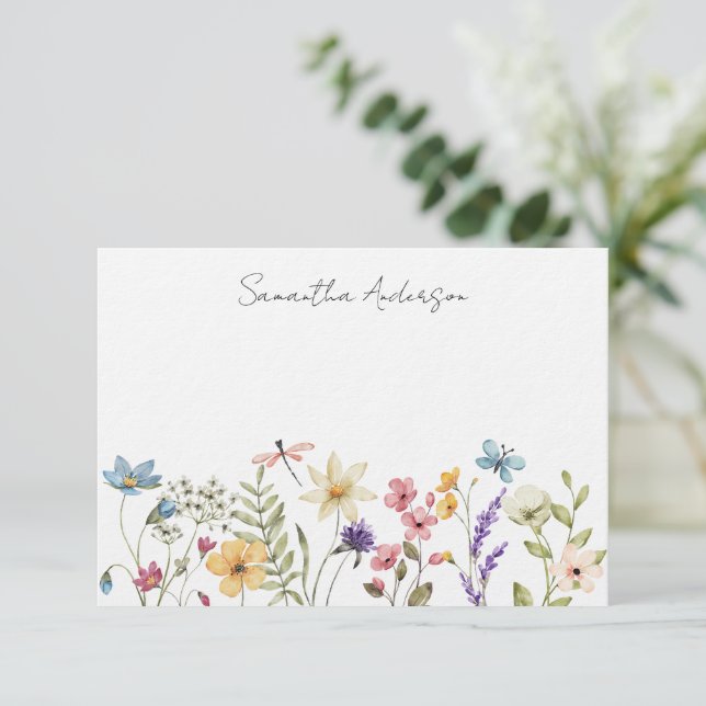 Floral Wildflower Personalized  Flat Note Card (Standing Front)