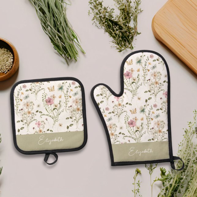 Floral Wildflower Personalized Monogram Oven Mitt & Pot Holder Set (Creator Uploaded)