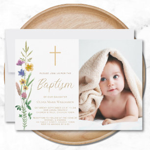 Floral Wildflower Photo Baptism Invitation