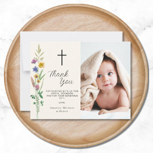 Floral Wildflower Photo Baptism  Thank You Card