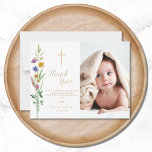 Floral Wildflower Photo Baptism  Thank You Card<br><div class="desc">This floral Baptism photo thank you card features wildflowers and a cross with stylish gold script typography.
Easily customizable with your details and photo.
Original Watercolor © Michele Davies.</div>