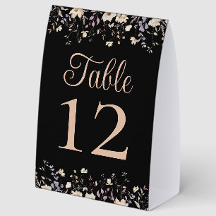 Floral Wildflowers Black Boho Wedding Table Number Paper Table Tent