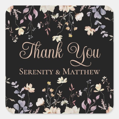 Floral Wildflowers Black Boho Wedding Thank You Square Sticker