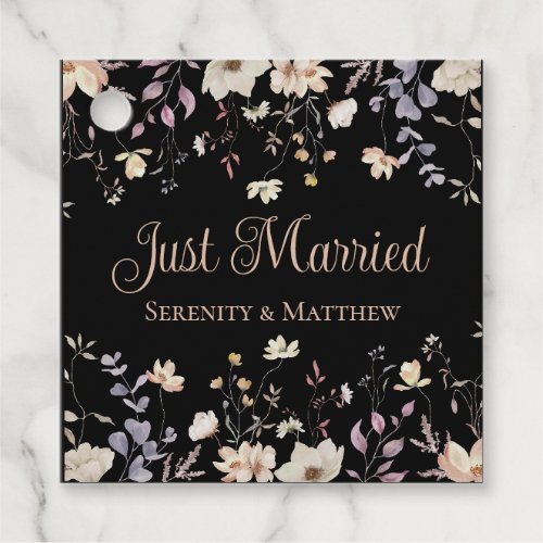 Floral Wildflowers Black Wedding Just Married Favor Tags