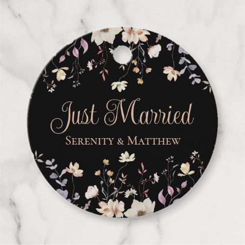 Floral Wildflowers Black Wedding Just Married Favor Tags