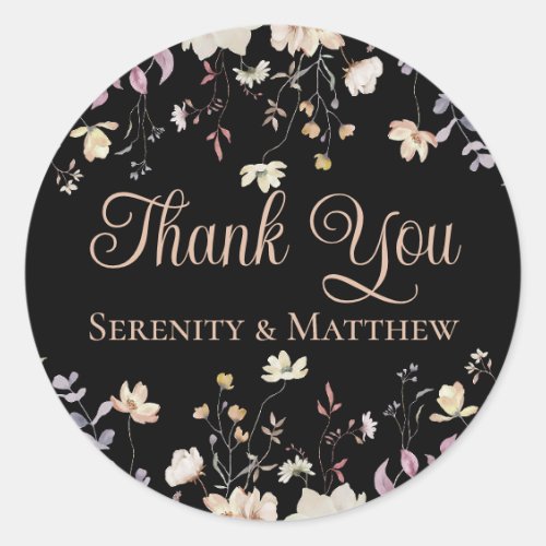 Floral Wildflowers Black Wedding Thank You Classic Round Sticker