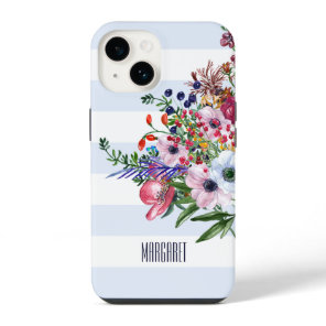 Floral Wildflowers Bouquet Light Blue Stripes iPho iPhone 14 Case