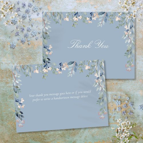 Floral Wildflowers Dusty Blue Script Thank You Card