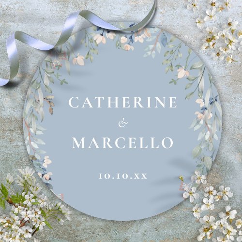 Floral Wildflowers Dusty Blue Wedding Classic Round Sticker