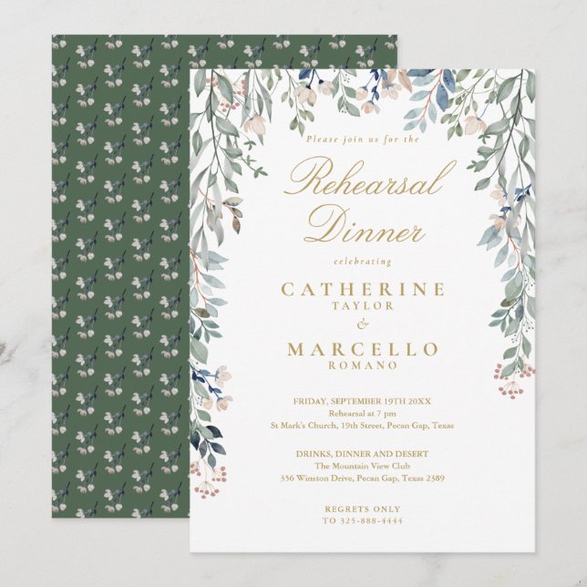 Floral Wildflowers Gold Rehearsal Dinner Invitation (Front/Back)
