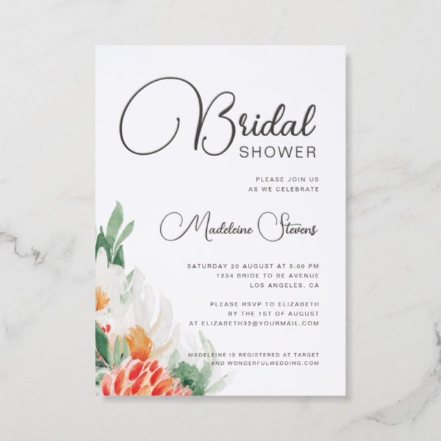 Floral wildflowers green & orange bridal shower letterpress photo cards (Front)