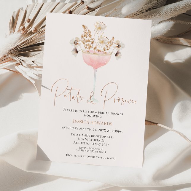Floral Wildflowers Petals Prosecco Bridal Shower Invitation (Modern floral petal and prosecco Bridal Shower Invitation, Glass and Flowers Bridal Shower Boho )