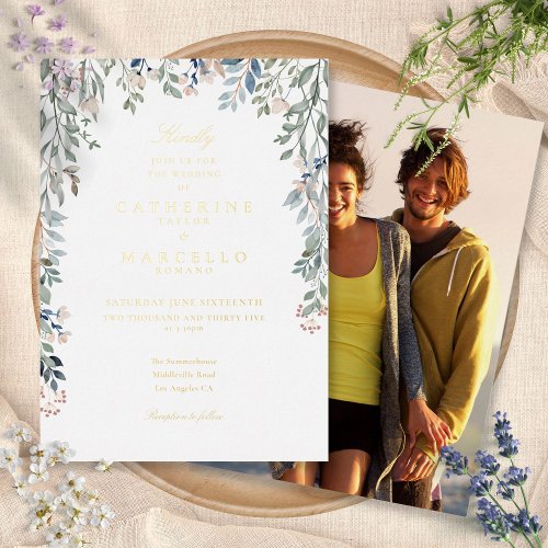 Floral Wildflowers Photo Wedding Chic Gold Foil Invitation