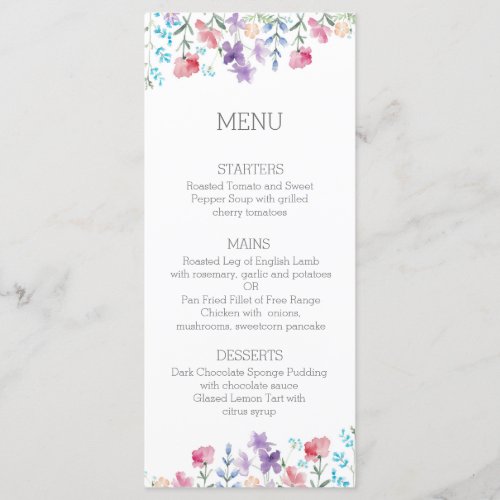 Floral Wildflowers Rustic Wedding Dinner Menu