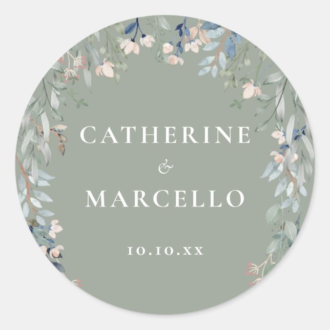 Floral Wildflowers Sage Green Wedding Classic Round Sticker (Front)