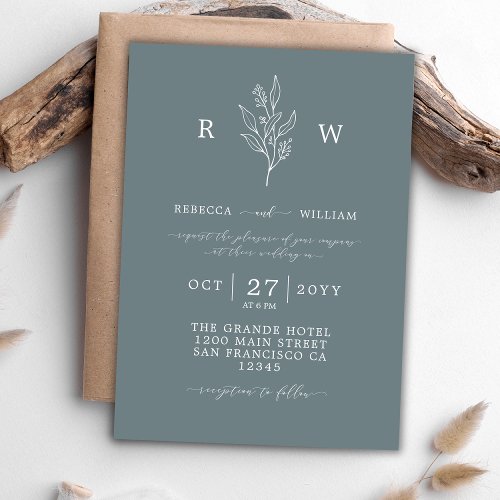 Floral Wildflowers Sketched Monogram Blue Wedding  Invitation