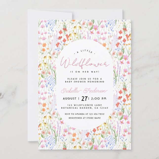 Floral Wildflowers Spring Summer Pink Baby Shower Invitation (Front)