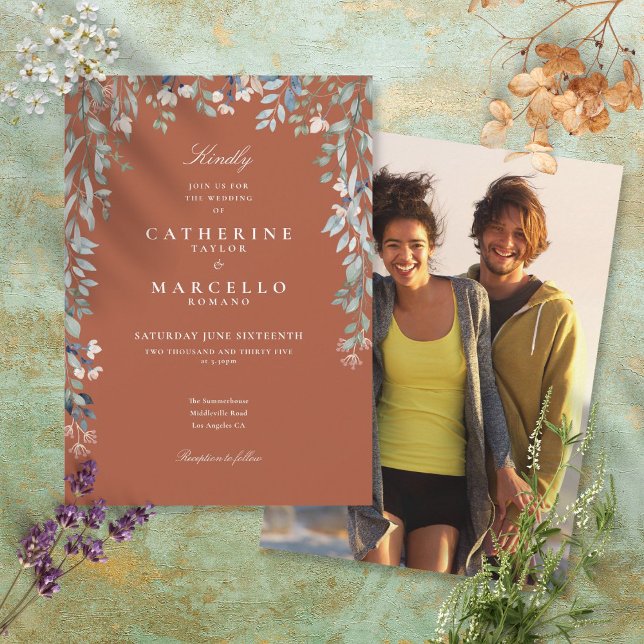 Floral Wildflowers Terracotta Photo Wedding Invitation (Creator Uploaded)