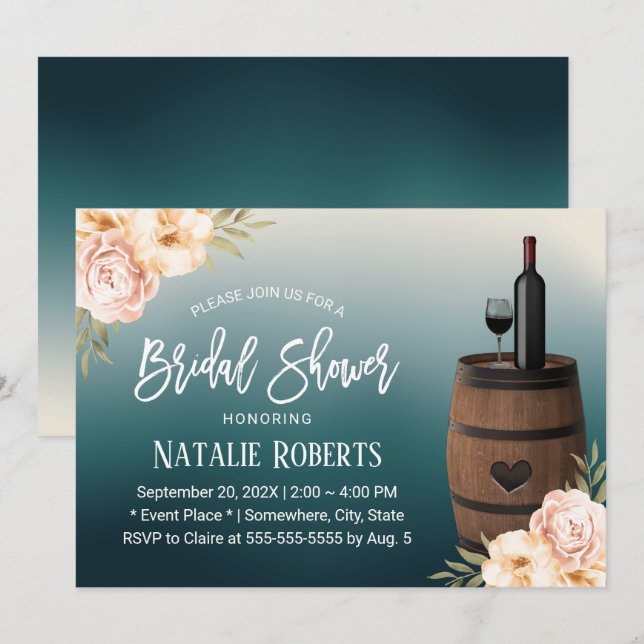 Floral Wine Barrel Teal Ombre Bridal Shower Invitation (Front/Back)