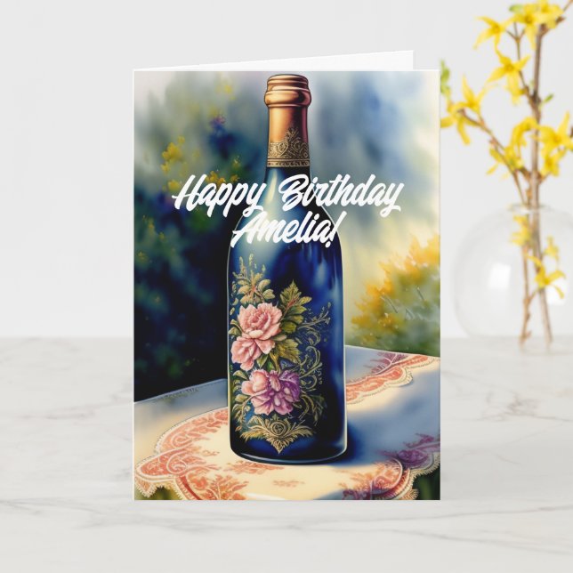 Floral Wine Bottle Birthday Card (Yellow Flower)