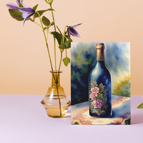 Floral Wine Bottle Still Life Digital Art Card