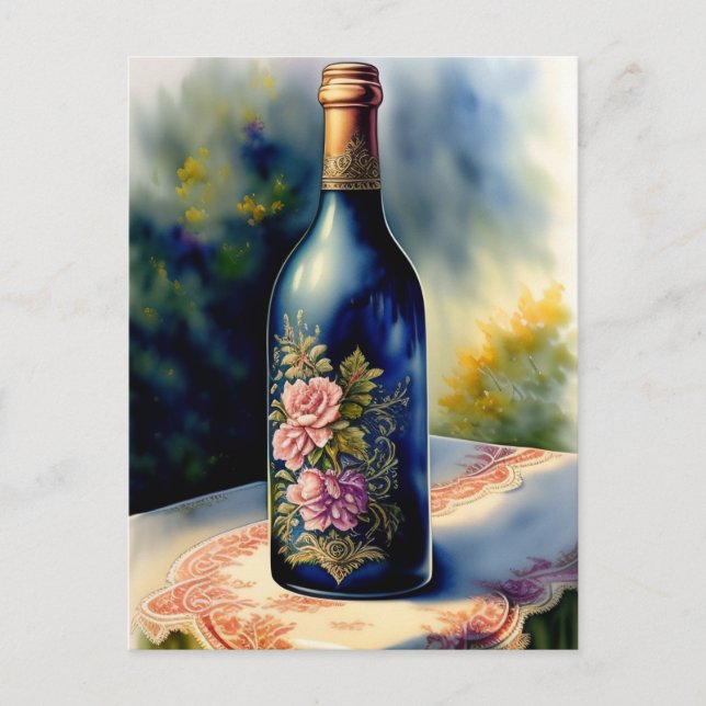 Floral Wine Bottle Still Life Digital Art Postcard (Front)