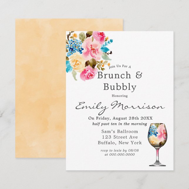 Floral Wine Glass Brunch & Bubbly Invitation (Front/Back)
