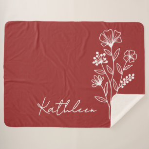 Floral Wine Red Blanket, Custom Name Gift for Her Sherpa Blanket