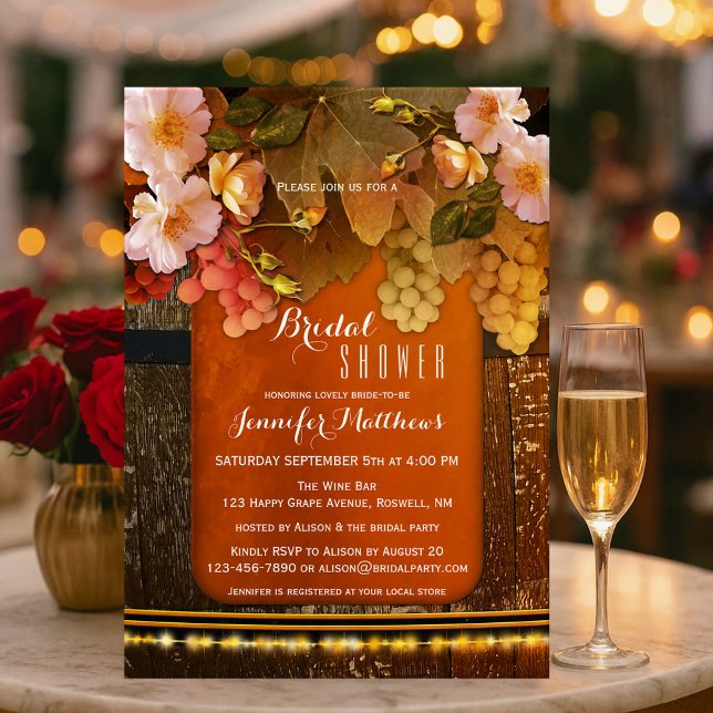 Floral Wine Themed String Lights Bridal Shower Invitation (Bridal shower invitation featuring grapes, roses and string lights on a rustic wood wine barrel)