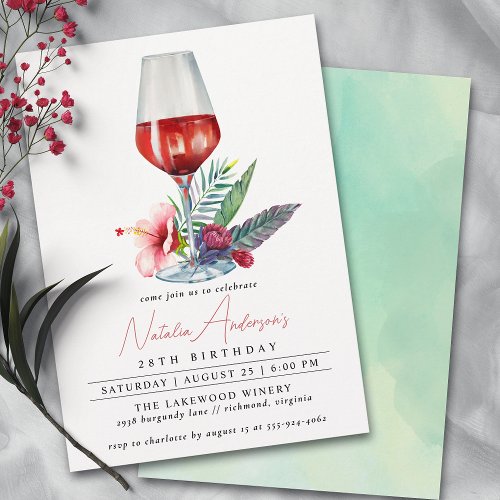 Floral Wine Watercolor  Any Age Womens Birthday Invitation