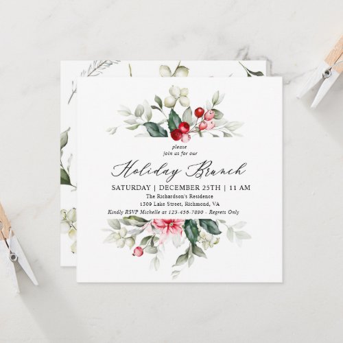 Floral Winter Berries Holiday Brunch Invitation