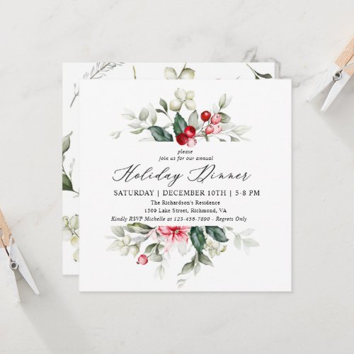 Floral Winter Berries Holiday Dinner Invitation