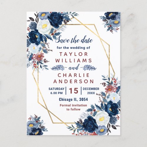 Floral Winter Blue Brown Geometric Save The Date Postcard