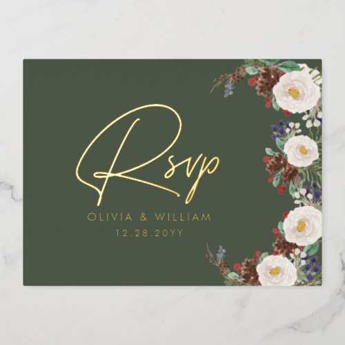 Floral Winter Greenery Christmas Holiday RSVP Foil Invitation Postcard